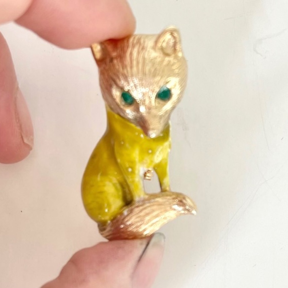 Vintage Gold Enamel Fox Pin, Tiny Crystal Green Eyes